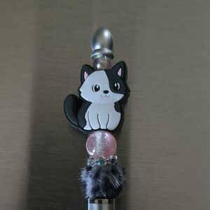 Black and White Cat 2 In 1 Stylus Pen with Pink Accents